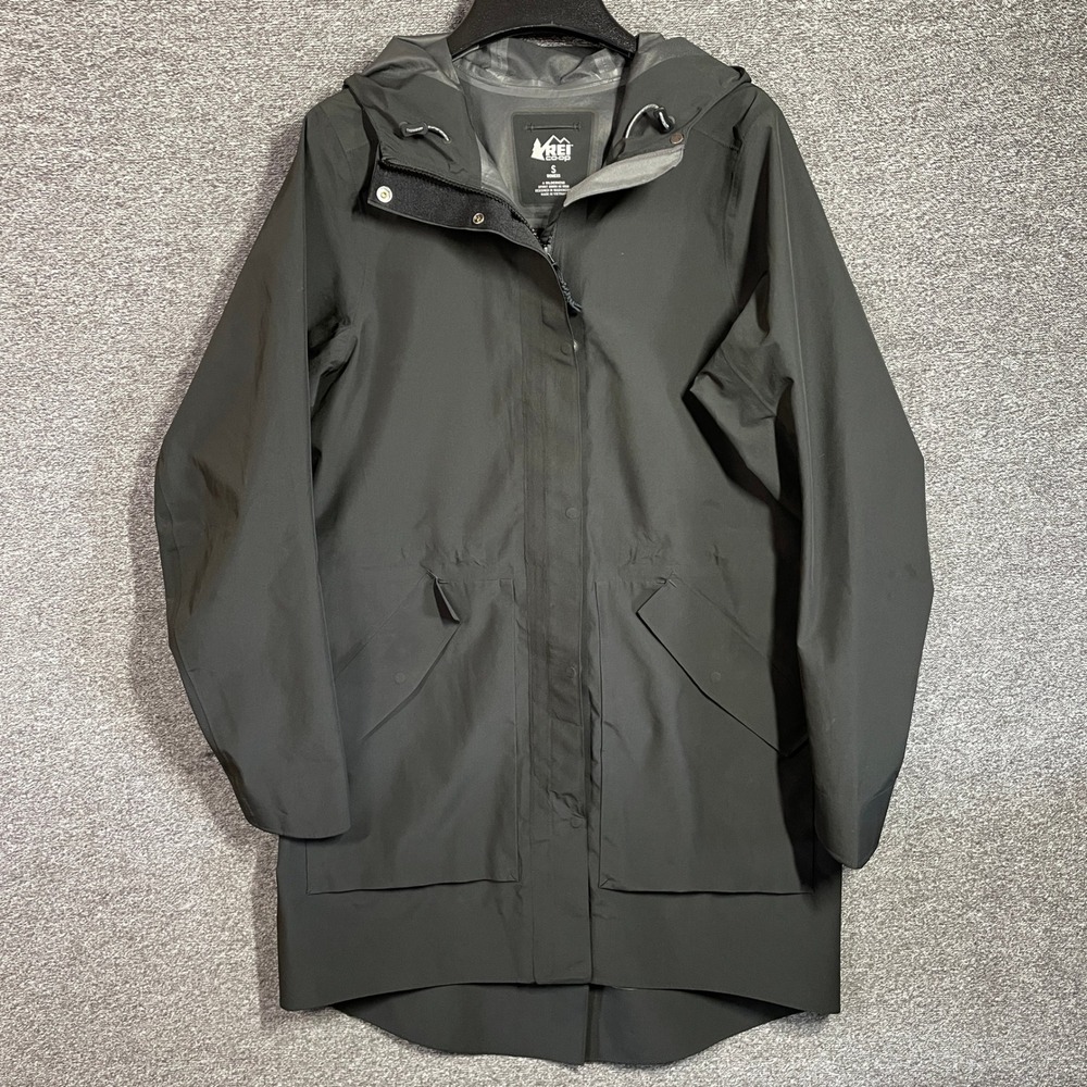 REI Co-op Rain Jacket XeroDry GTX Trench Coat Womens Small Black GORE-TEX